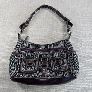 Vtg 90s Apt 9 Herringbone Shoulder Bag with Leather Trim Pockets Purse Handbag